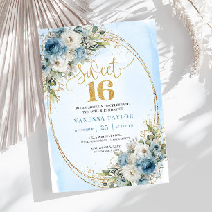 Romantic Dusty Blue Greenery Sweet Sixteen Invite