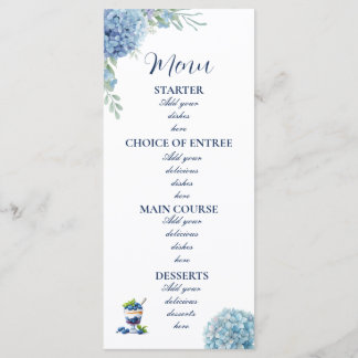 Romantic Dusty Blue Hydrangea Watercolor Wedding Menu