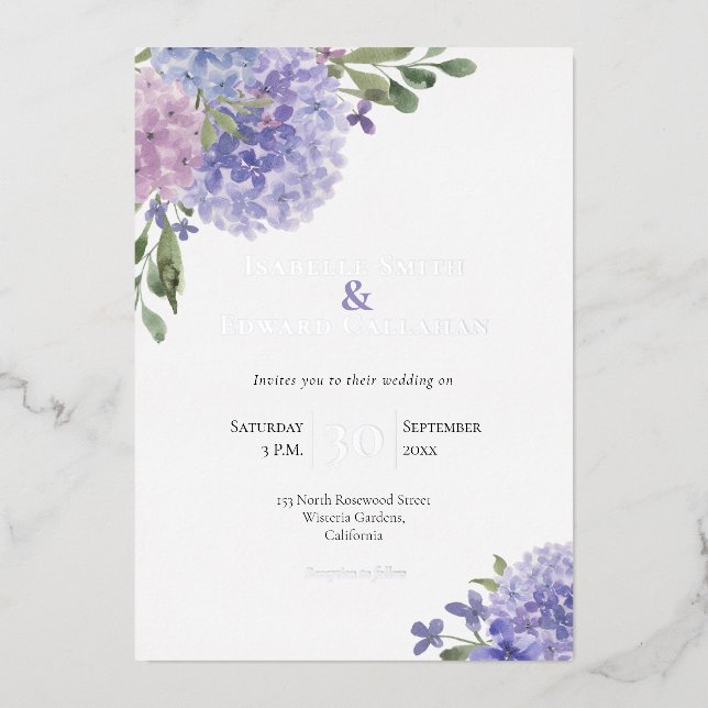 Romantic Dusty Blue & Lilac Watercolor Hydrangeas (Front)