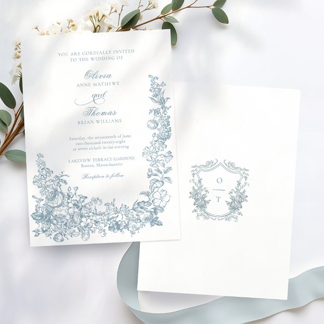 Romantic Dusty Blue Line Art Floral Wedding Invitation (Creator Uploaded)