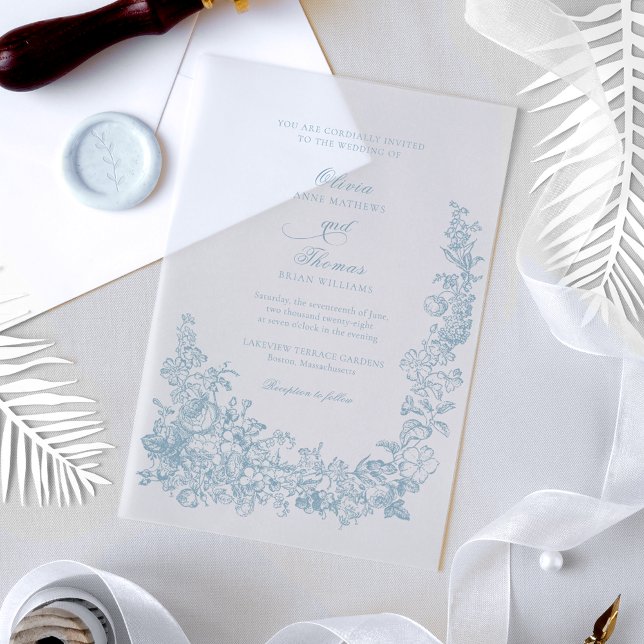 Romantic Dusty Blue Line Art Floral Wedding Vellum Invitations (Creator Uploaded)