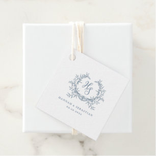 Romantic Dusty Blue Monogram Crest Wedding Favour Tags