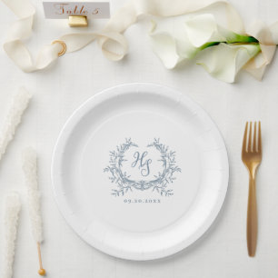 Romantic Dusty Blue Monogram Crest Wedding Paper Plate