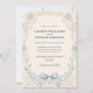 Romantic Dusty Blue Ornate Lace & Pearl Invitation