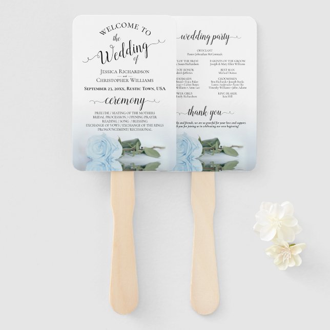 Romantic Dusty Blue Rose Elegant Wedding Program Hand Fan (Front and Back)