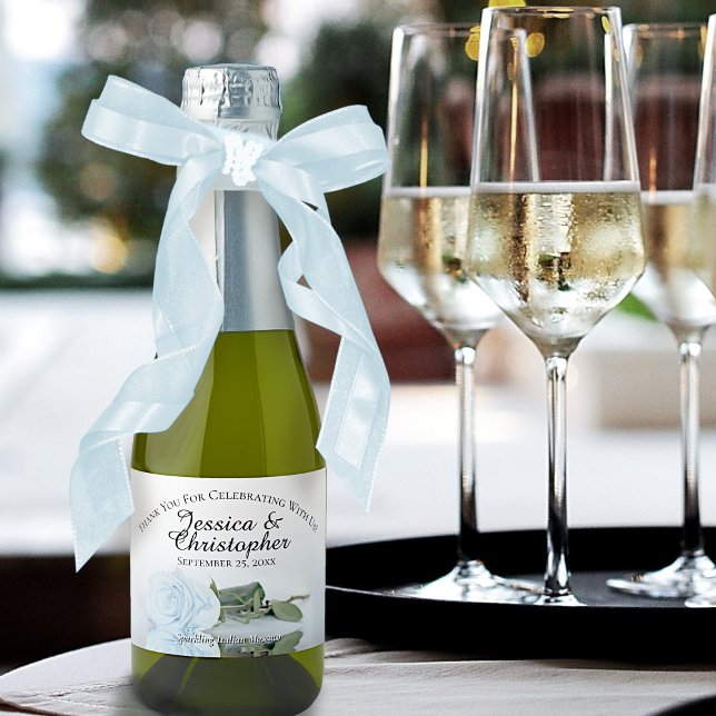 Romantic Dusty Blue Rose Wedding Thank You Mini Sparkling Wine Label (Creator Uploaded)