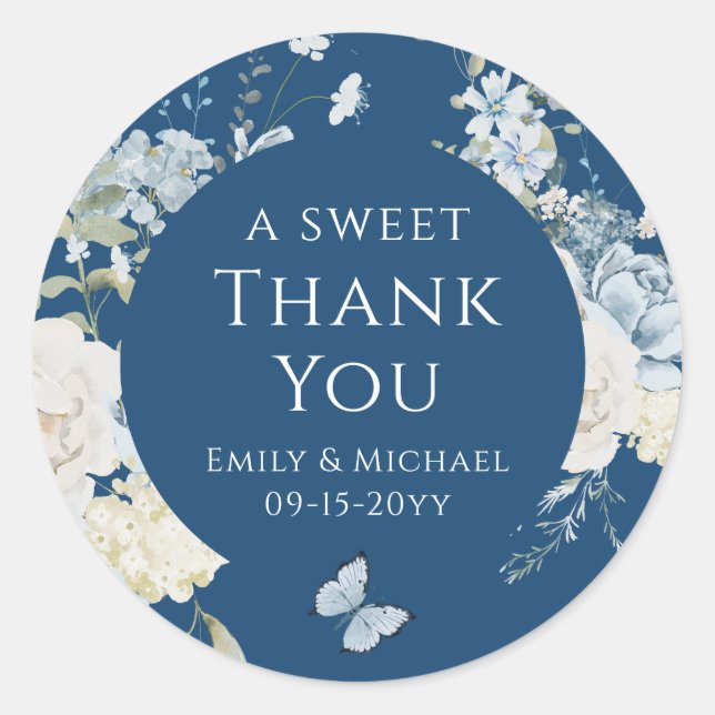Romantic Dusty Blue Thank You Floral Wedding Classic Round Sticker