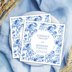 Romantic Dusty Blue Toile Roses Wedding Napkins
