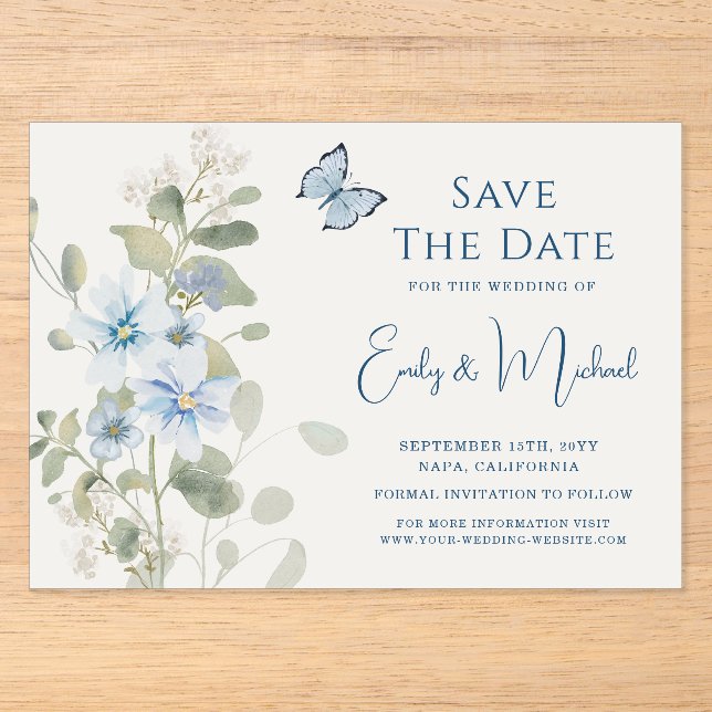 Romantic Dusty Blue Watercolor Floral Wedding Acrylic Invitations (Front)