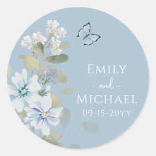 Romantic Dusty Blue Watercolor Floral Wedding Classic Round Sticker