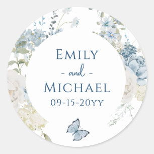 Romantic Dusty Blue Watercolor Floral Wedding Classic Round Sticker
