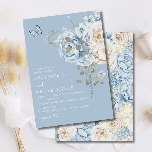 Romantic Dusty Blue Watercolor Floral Wedding Invitation (Creator Uploaded)