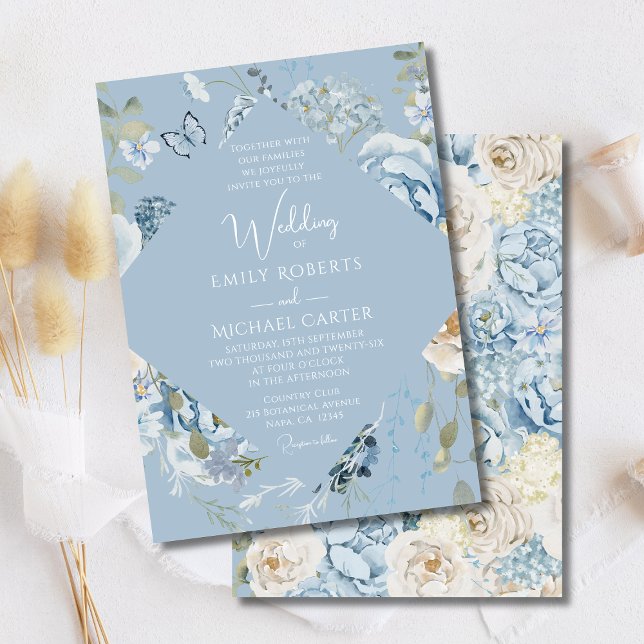 Romantic Dusty Blue Watercolor Floral Wedding Invitation (Creator Uploaded)