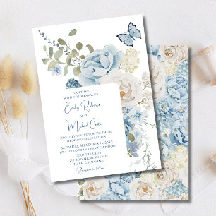 Romantic Dusty Blue Watercolor Floral Wedding Invitation
