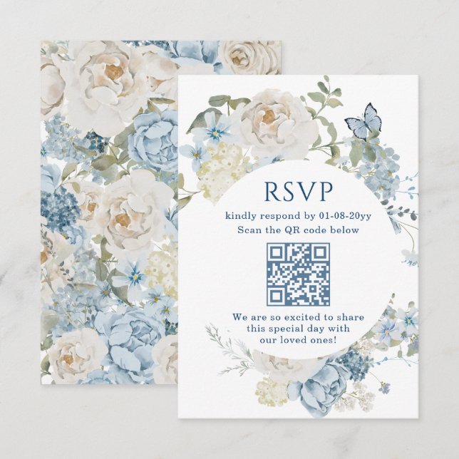 Romantic Dusty Blue Watercolor Floral Wedding RSVP Card (Front/Back)