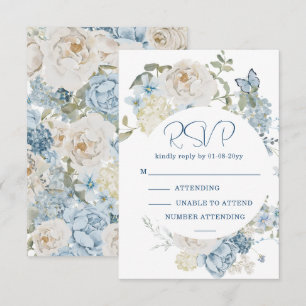 Romantic Dusty Blue Watercolor Floral Wedding RSVP Card