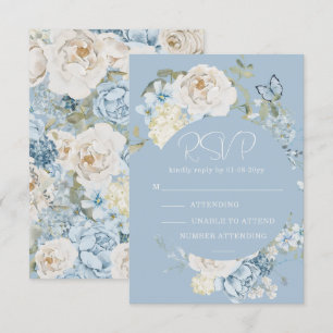 Romantic Dusty Blue Watercolor Floral Wedding RSVP Card