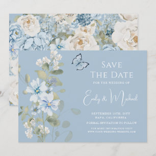Romantic Dusty Blue Watercolor Floral Wedding Save The Date