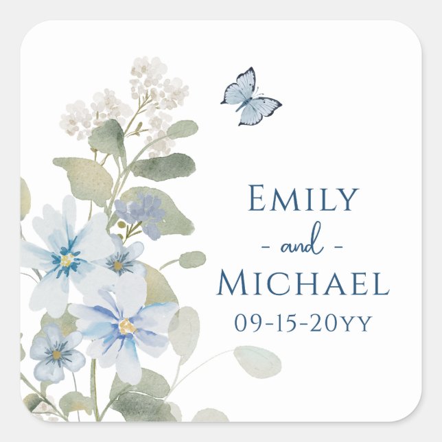 Romantic Dusty Blue Watercolor Floral Wedding Square Sticker (Front)