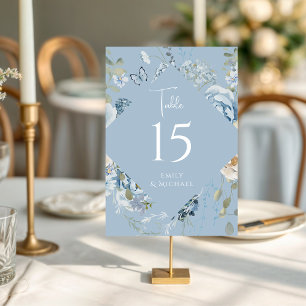 Romantic Dusty Blue Watercolor Floral Wedding Table Number