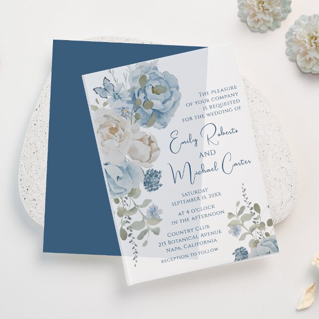 Romantic Dusty Blue Watercolor Floral Wedding Vellum Invitations (Creator Uploaded)