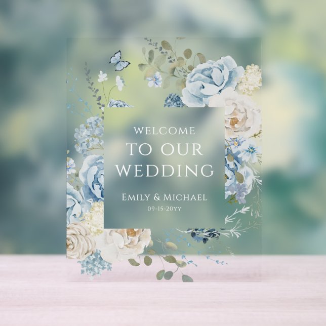 Romantic Dusty Blue Welcome Floral Wedding Acrylic Sign (Neutral)