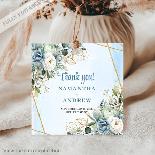 Romantic Dusty Blue White Floral Gold Wedding Tag
