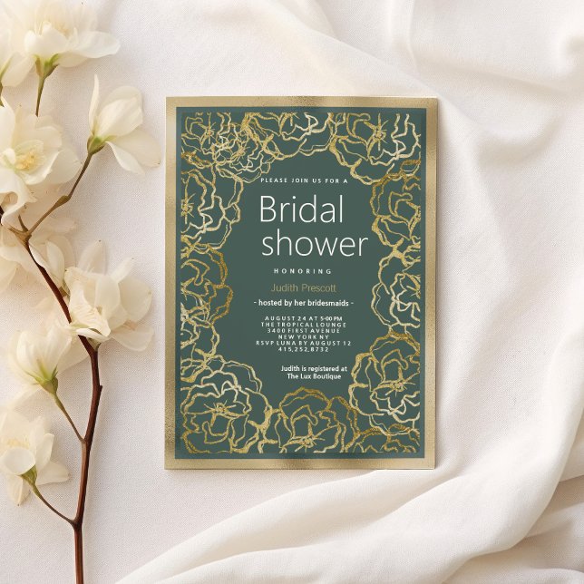 Romantic dusty green gold rose flora Bridal Shower Invitation (Romantic dusty green gold rose flora Bridal Shower)