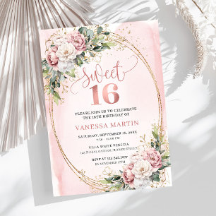 Romantic Dusty Pink Floral Greenery Sweet Sixteen Invitation