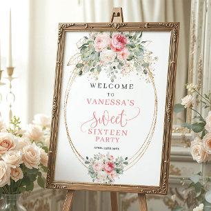 Romantic Dusty Pink Floral Sweet 16 Welcome Sign