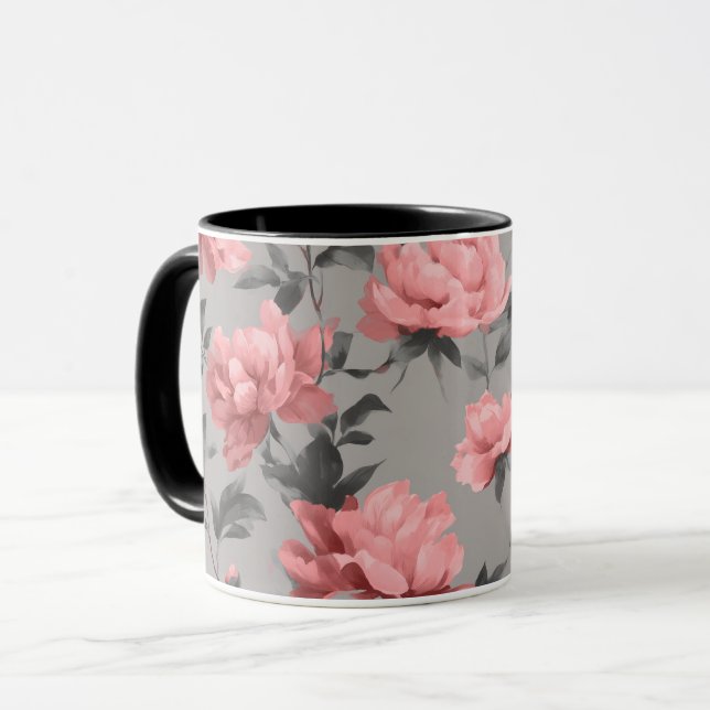 Romantic Dusty Pink Peony Grey Floral Pattern Mug (Front Left)