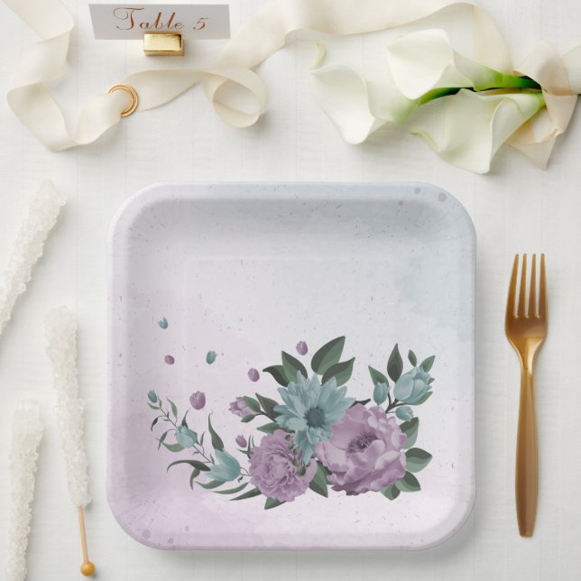 romantic dusty purple and blue flowers  paper plate (Wedding)