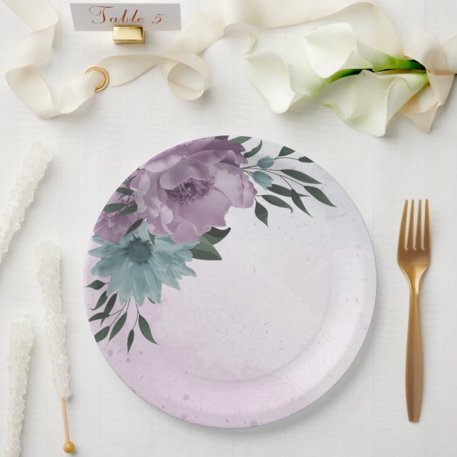 romantic dusty purple and blue flowers  paper plate (Wedding)