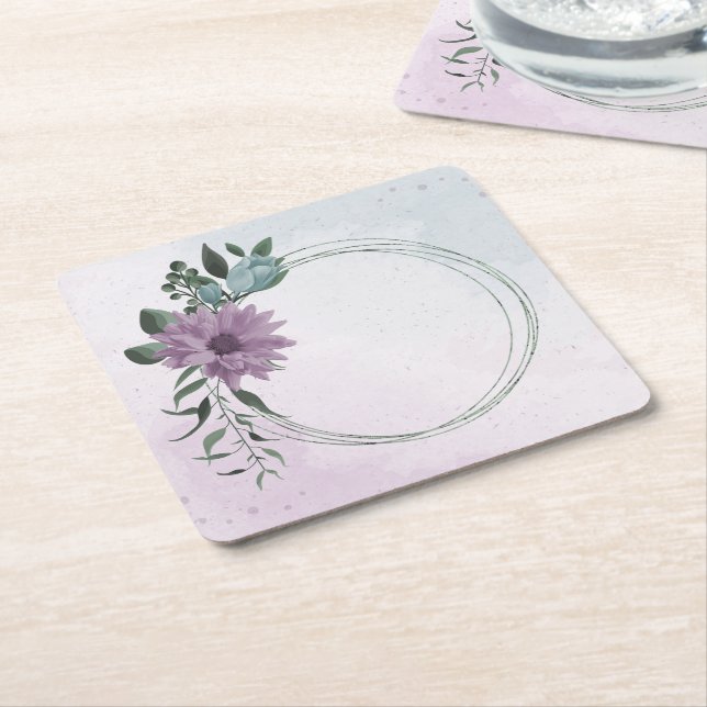 romantic dusty purple and blue flowers  square paper coaster (Angled)