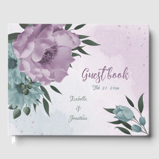 romantic dusty purple and blue flowers wedding guest book (Front)