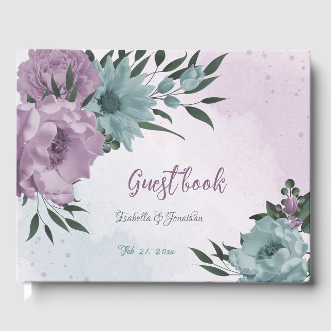 romantic dusty purple and blue flowers wedding guest book (Front)