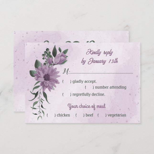 romantic dusty purple flowers greenery meal choice RSVP card (Front/Back)