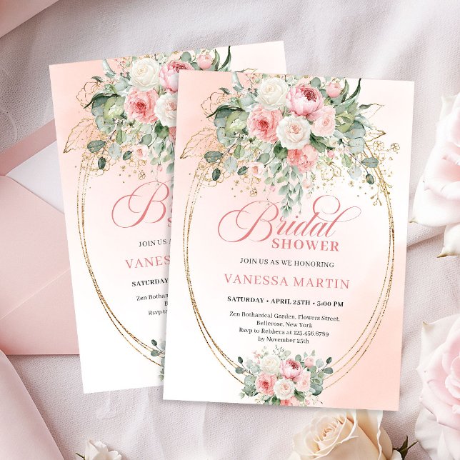 Romantic Dusty Rose Eucalyptus Gold Bridal Shower Invitation (Romantic Dusty Rose Eucalyptus Bridal Shower Invitation)