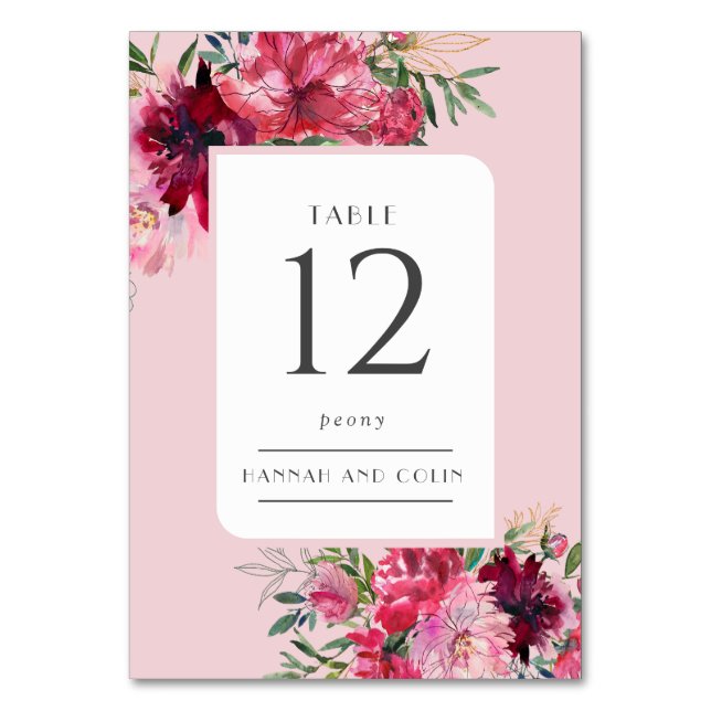 Romantic Dusty Rose Peony Modern Frame Table Number (Front)