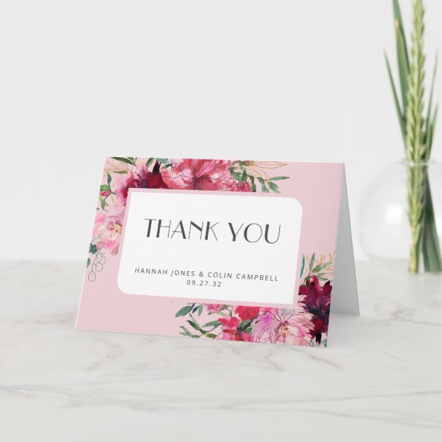 Romantic Dusty Rose Peony Modern Frame Thank You Card (Front)