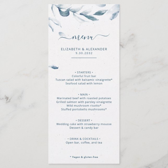 Romantic elegant blue watercolor simple wedding menu (Front)