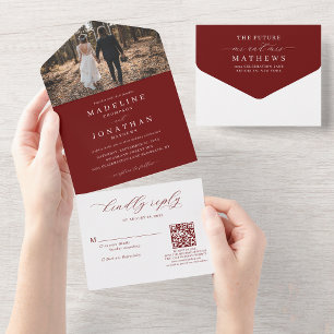 Romantic Elegant Burgundy Photo QR Code Wedding All In One Invitation
