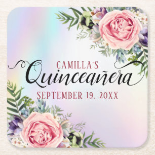 Romantic Elegant Charming Floral Quinceañera Square Paper Coaster