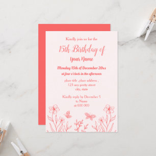 Romantic elegant coral pink floral birthday invitation