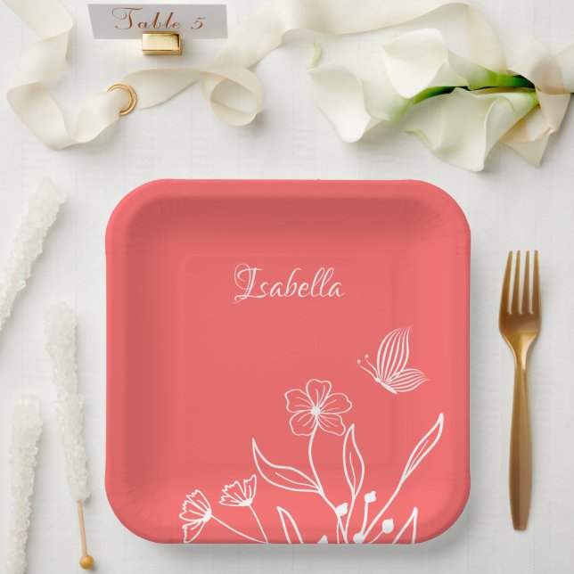 Romantic elegant coral pink floral  paper plate (Wedding)