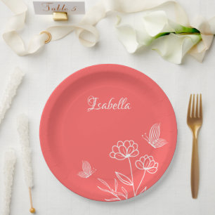 Romantic elegant coral pink floral paper plate