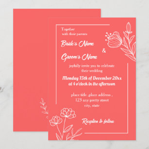 Romantic elegant coral pink floral wedding invitation