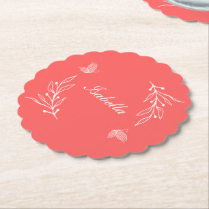 Romantic elegant coral pink floral wedding paper coaster