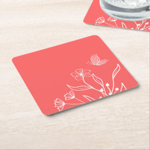 Romantic elegant coral pink floral wedding square paper coaster