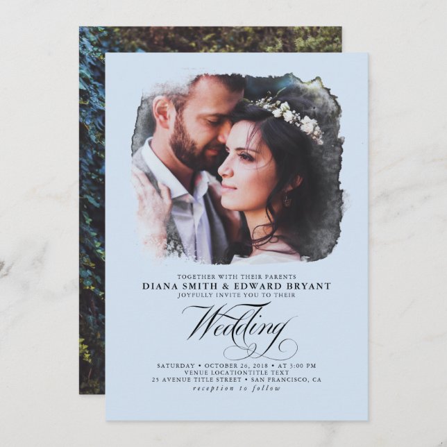 Romantic Elegant Dusty Blue 2 Photos Wedding Invitation (Front/Back)